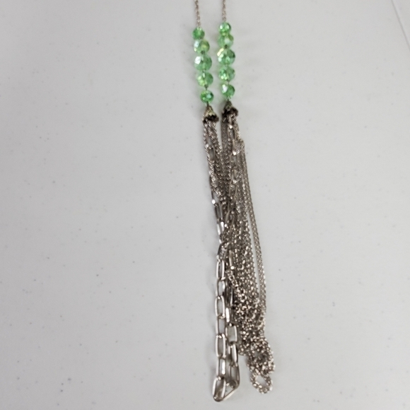 Layered Silver-tone Chain Necklace with Green Beads and Matching Earrings - Picture 6 of 10
